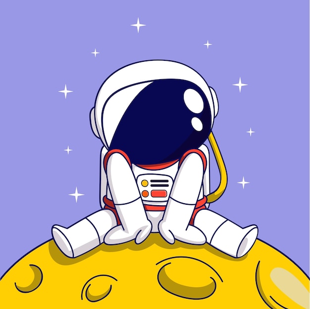 Lindo astronauta de dibujos animados sentado en la luna sobre fondo púrpura diseño colorido vector illustrat