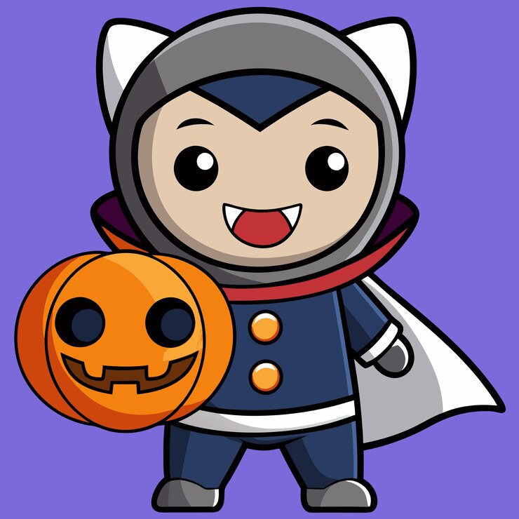 Vector el lindo astronauta drácula con calabaza halloween icono de dibujos animados vectorial ilustración ciencia icono de vacaciones concepto aislado estilo de dibuyos animados plano vectorial premium