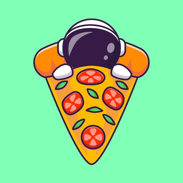 Vector lindo astronauta durmiendo en la ilustración de icono de vector de dibujos animados de pizza. ciencia comida icono plano aislado