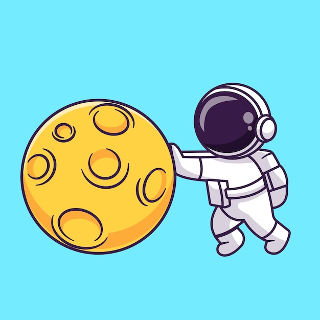 Lindo astronauta empujando la ilustración del icono del vector de dibujos animados de la luna. .Icono de tecnología científica aislado