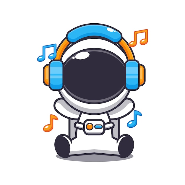 Lindo astronauta escuchando música con ilustración de vector de dibujos animados de auriculares.