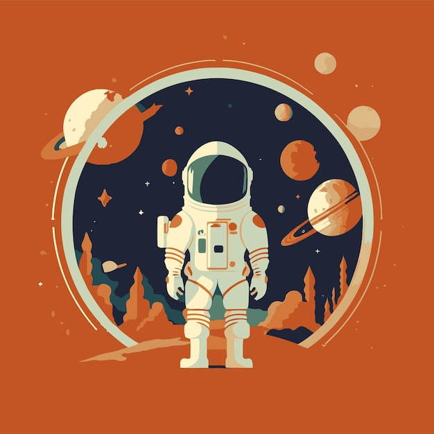Lindo astronauta en el espacio con la ilustración de vector de fondo del planeta