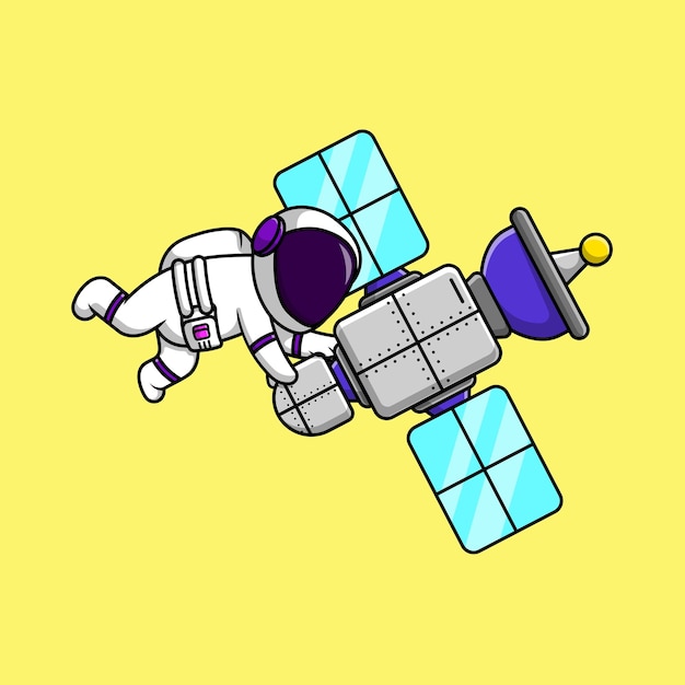 Lindo astronauta flotando con ilustración de icono de vector de dibujos animados de satélite