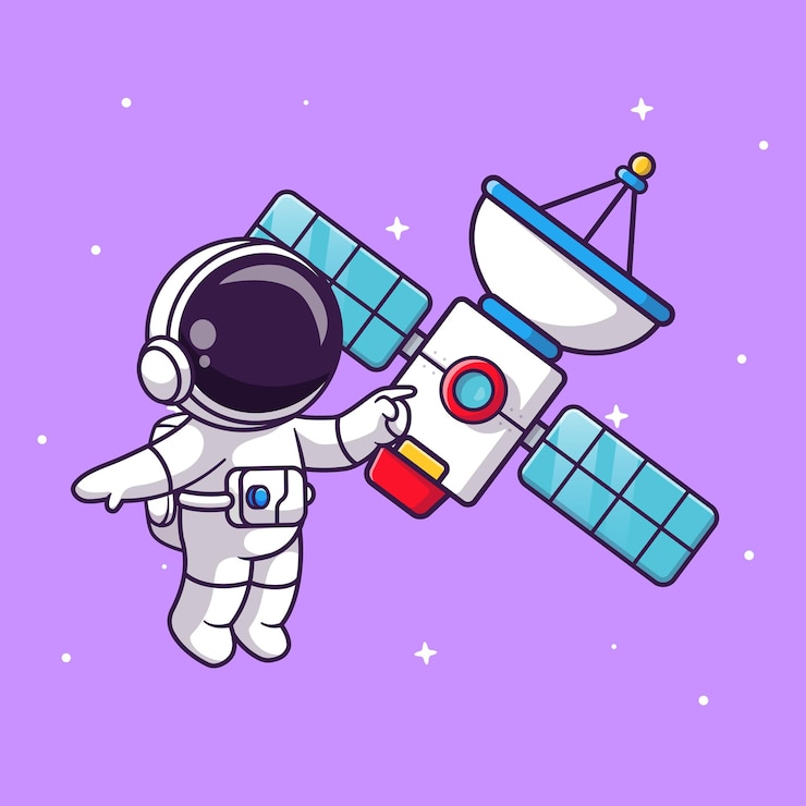 Vector lindo astronauta flotando con satélite en el espacio cartoon vector icono ilustración. tecnología científica