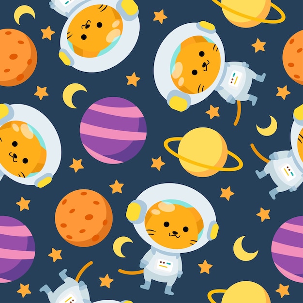 Lindo, astronauta, gato, caricatura, seamless, patrón, con, luna, y, planeta, en, espacio