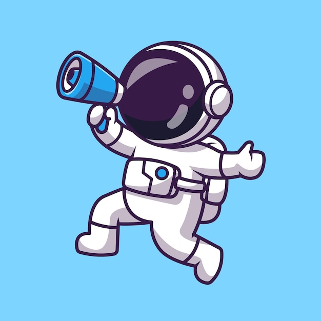 Lindo astronauta hablando con ilustración de icono de vector de dibujos animados de megáfono. ciencia, tecnología, aislado