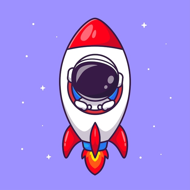 Lindo astronauta en la ilustración de icono de vector de dibujos animados de cohete. Ciencia tecnología icono concepto aislado Premium Vector. Estilo de dibujos animados plana