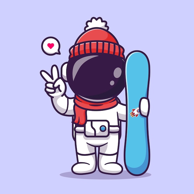 Lindo astronauta con ilustración de icono de vector de dibujos animados de snowboard. concepto de icono de ciencia deporte aislado