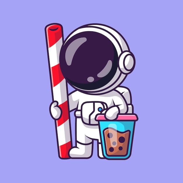 Lindo astronauta con ilustración de icono de vector de dibujos animados de té de leche Boba. Icono de bebida de ciencia aislado