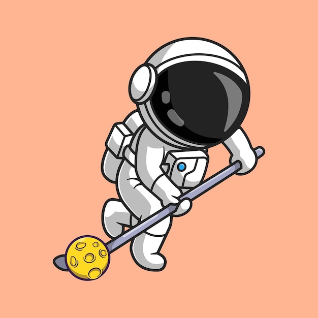 Lindo astronauta jugando hockey luna dibujos animados Vector icono ilustración. Concepto de icono de ciencia deportiva aislado Vector Premium. Estilo de dibujos animados plana
