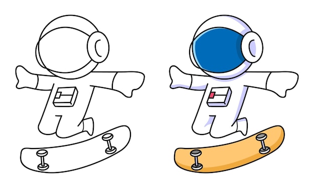 lindo astronauta jugando patineta página para colorear para niños