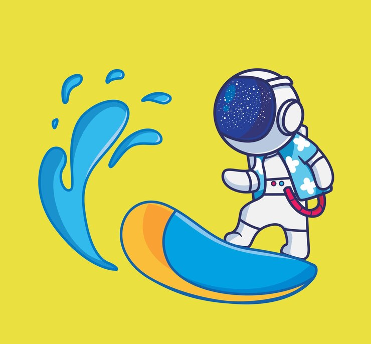 Vector lindo astronauta jugando tabla de surf ola enorme dibujos animados viajes vacaciones vacaciones verano concepto aislado