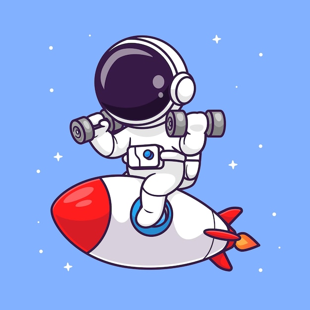 Lindo astronauta levantando mancuernas en cohete Cartoon Vector icono ilustración ciencia deporte aislado