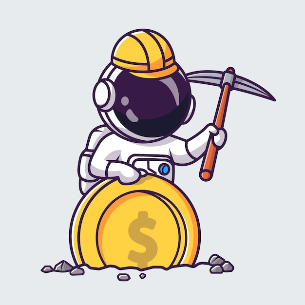 Lindo astronauta Minería Moneda de oro Dibujos animados Vector Icono Ilustración Ciencia Finanzas Icono aislado