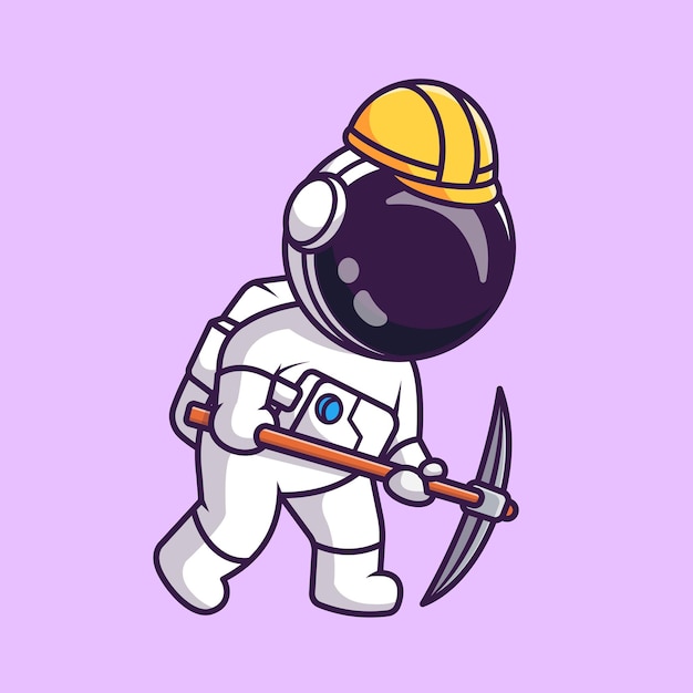 Lindo astronauta minero con pico y casco de dibujos animados vector icono ilustración. icono de finanzas de ciencia