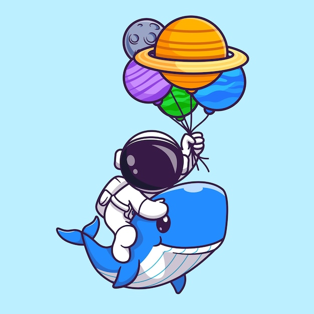 Lindo astronauta montando ballena linda y sosteniendo globo Cartoon Vector icono ilustración ciencia animal icono concepto aislado Premium Vector. Estilo de dibujos animados plana