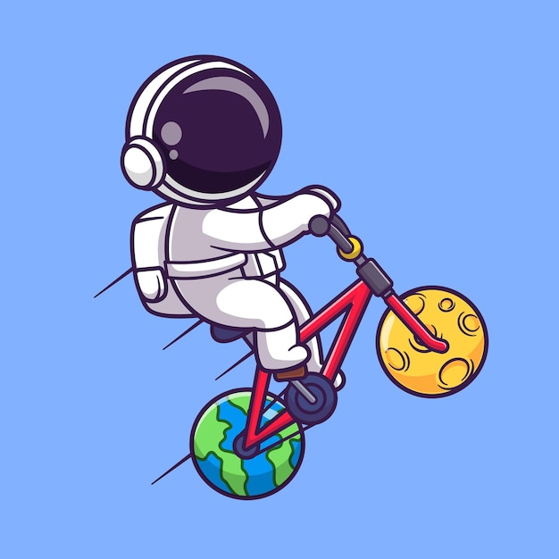 Lindo astronauta montando bicicleta con luna y rueda de tierra Dibujos animados Vector Icono Ilustración. Deporte