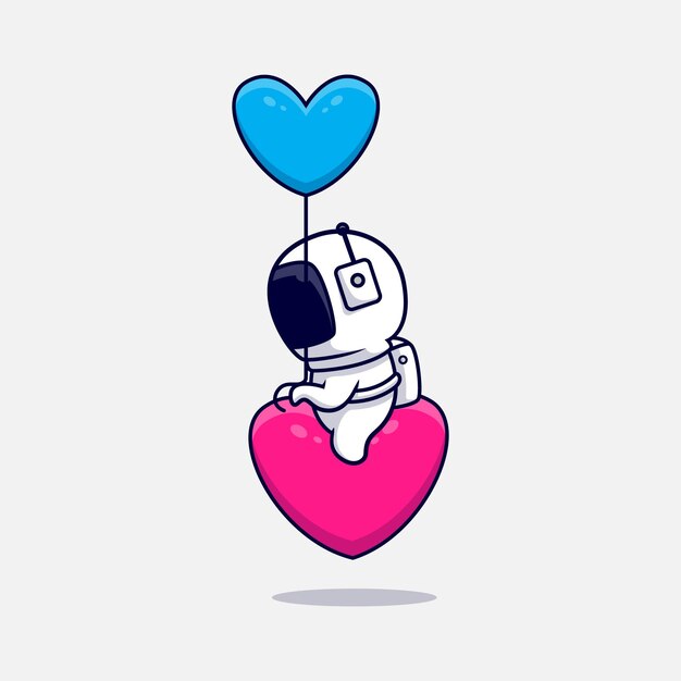 Lindo astronauta montando corazón y trayendo una caricatura de globo. Estilo de dibujos animados plana