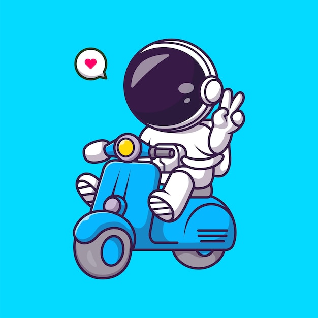 Vector lindo astronauta montando scooter con mano de paz dibujos animados vector icono ilustración ciencia transporte