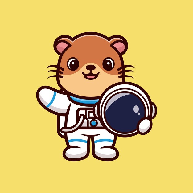 Lindo astronauta nutria sosteniendo casco dibujos animados vector ilustración