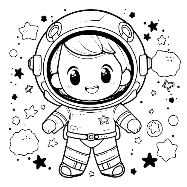Lindo astronauta página para colorear en blanco y negro para niños y adultos arte lineal estilo de dibujos animados simple feliz lindo y divertido