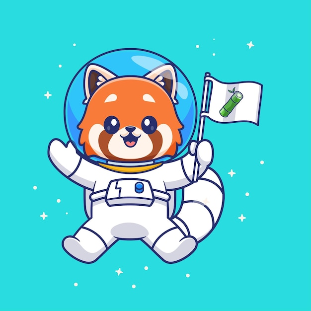 El lindo astronauta panda rojo sosteniendo una bandera de bambú en el espacio Ilustración de icono vectorial de dibujos animados Animal Flat
