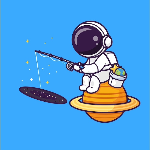 Lindo astronauta pesca espacio en el planeta dibujos animados Vector icono ilustración ciencia tecnología aislada