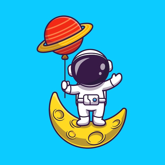 Lindo astronauta de pie en la luna y sosteniendo la ilustración del globo del planeta