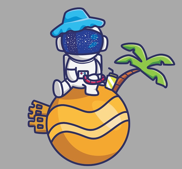 Lindo astronauta en el planeta con el concepto de verano de vacaciones de vacaciones de viajes de animales de dibujos animados de castillo de arena