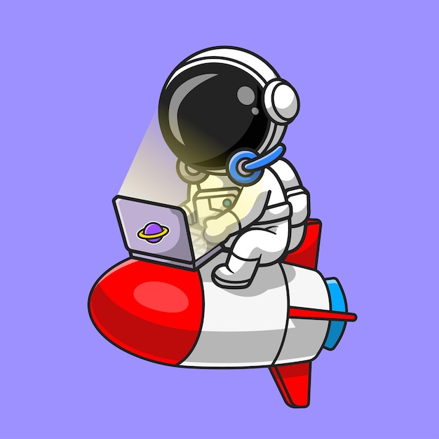 Lindo astronauta que trabaja con la computadora portátil en la ilustración del icono del vector de dibujos animados de cohetes. ciencia tecnología icono concepto aislado premium vector. estilo de dibujos animados plana