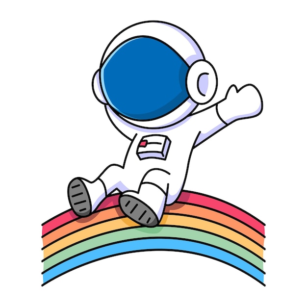 lindo astronauta sentado en el diseño de dibujos animados del arco iris
