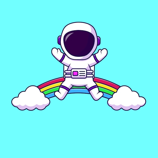 Lindo astronauta sentado en la ilustración de los iconos vectoriales de dibujos animados de la nube del arco iris