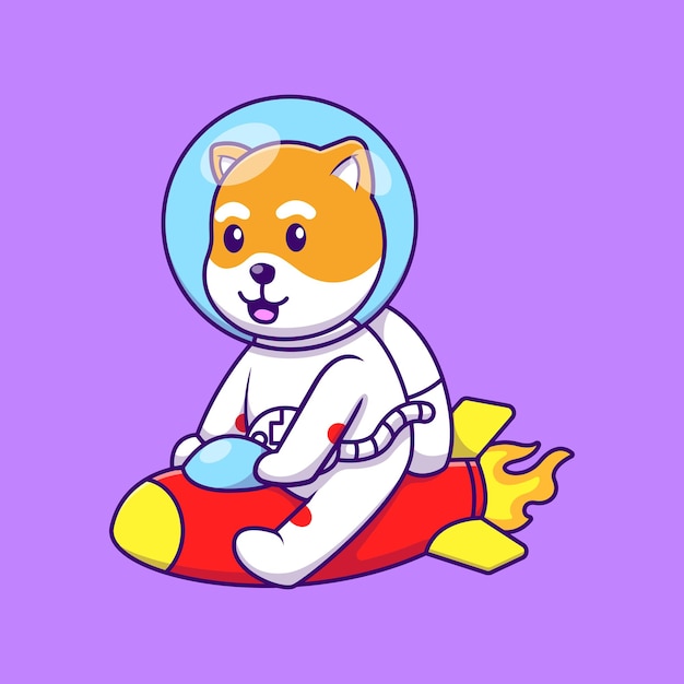 Lindo astronauta Shiba Inu montando un cohete Iconos de dibujos animados vectoriales Ilustración Concepto de dibujos animados planos