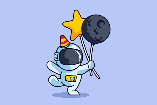 Lindo astronauta sosteniendo globos lunares y estrellas con sombreros de fiesta