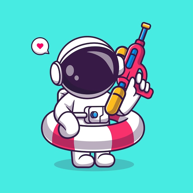 Lindo astronauta sosteniendo pistola de agua con neumáticos de natación Cartoon Vector Icon Illustration Science Flat
