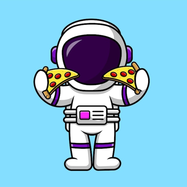 Lindo astronauta sosteniendo pizza dibujos animados vector icono ilustración