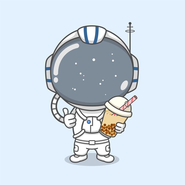 Lindo astronauta sosteniendo té con leche boba