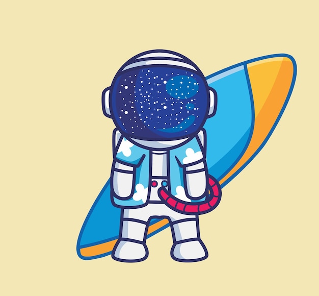 Lindo astronauta tabla de surf dibujos animados viajes vacaciones vacaciones verano concepto aislado ilustración plana