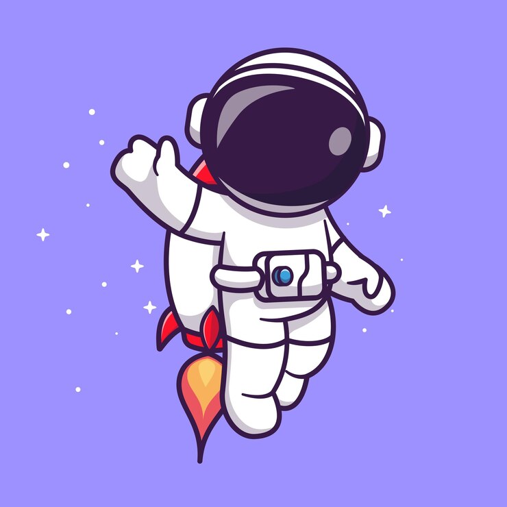 Vector lindo astronauta volando con cohete en la ilustración de icono de vector de dibujos animados de espacio. icono de la tecnología de la ciencia