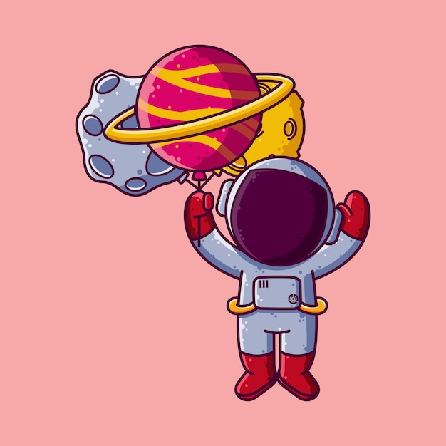 Lindo astronauta volando con globos de planeta ilustración vectorial de dibujos animados. Vector de personaje de dibujos animados.