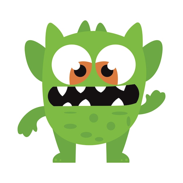 Lindo y aterrador monstruo verde mascota personaje de dibujos animados con expresión feliz