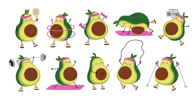 Vector lindo atleta de aguacate personaje de dibujos animados haciendo ejercicios deportivos mascota vegetariana en diferentes posturas vegetal saludable con cara de sonrisa divertida entrenamiento y juego activo conjunto vectorial llamativo