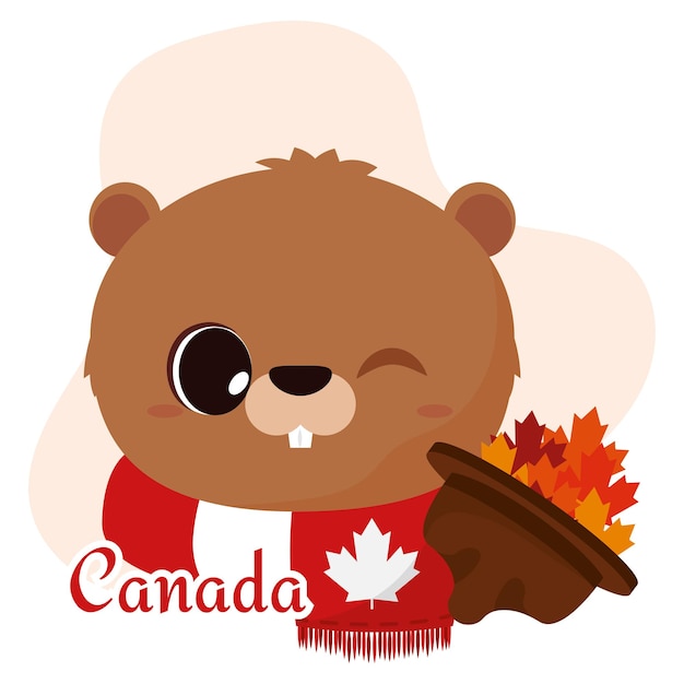 Lindo avatar de castor con bufanda canadiense y sombrero de guardabosques ilustración vectorial