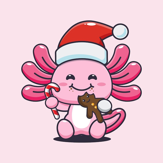 Lindo axolotl comiendo galletas y dulces de navidad. linda ilustración de dibujos animados de navidad.