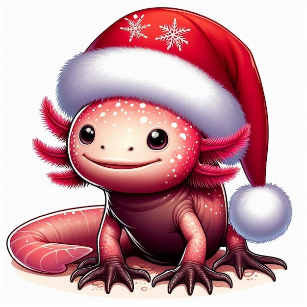 Un lindo Axolotl de Navidad Sombrero de Papá Noel Vector Ilustración de dibujos animados de fondo blanco