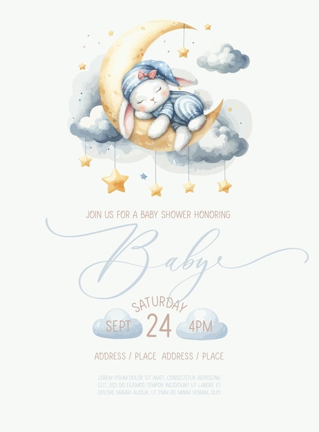 Vector lindo baby shower tarjeta de invitación de acuarela con conejo durmiente en la luna y la nube