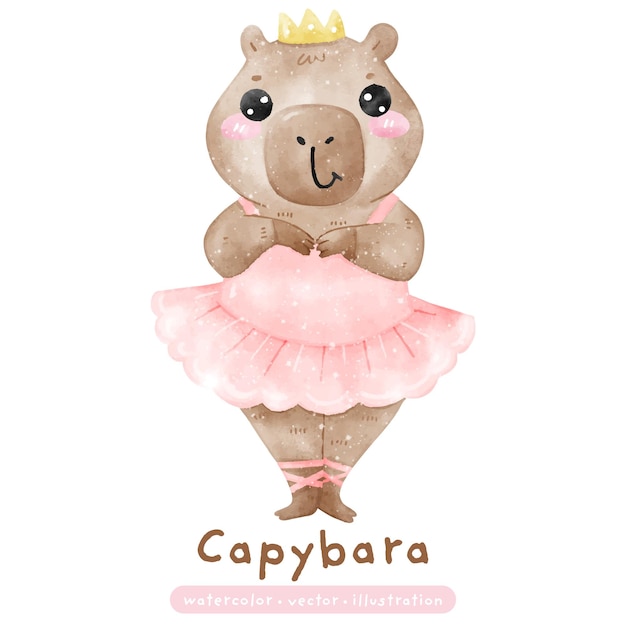 El lindo ballet Capybara en la postura de pie de Tutu rosado acuarela