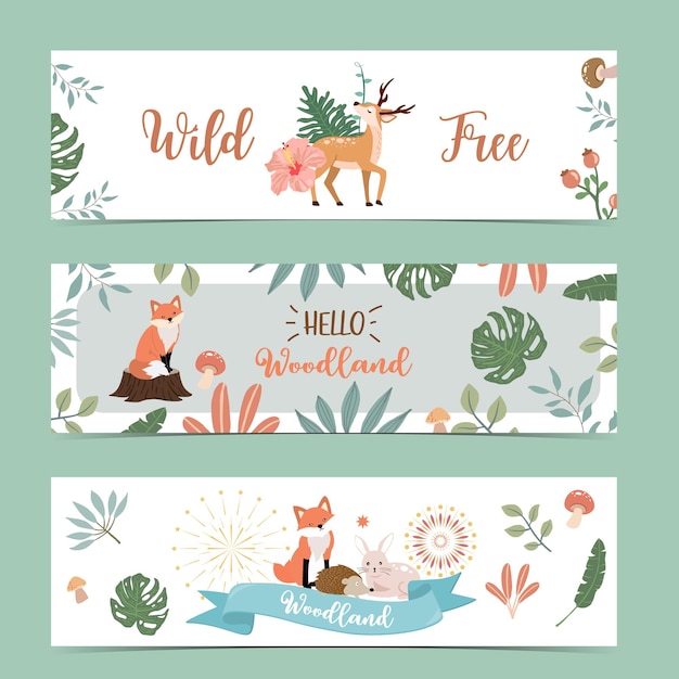 Lindo banner de bosque con animales