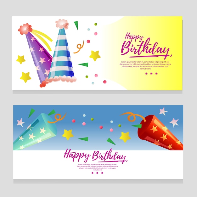 lindo banner de tema de cumpleaños con sombrero de fiesta