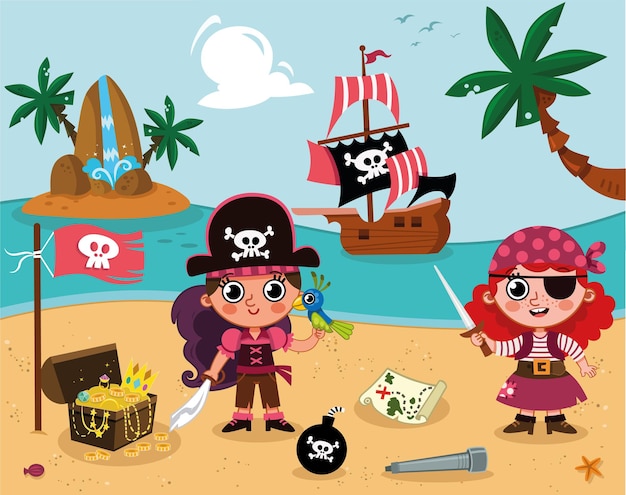 Vector lindo barco pirata de niñas piratas y algunas cosas piratas